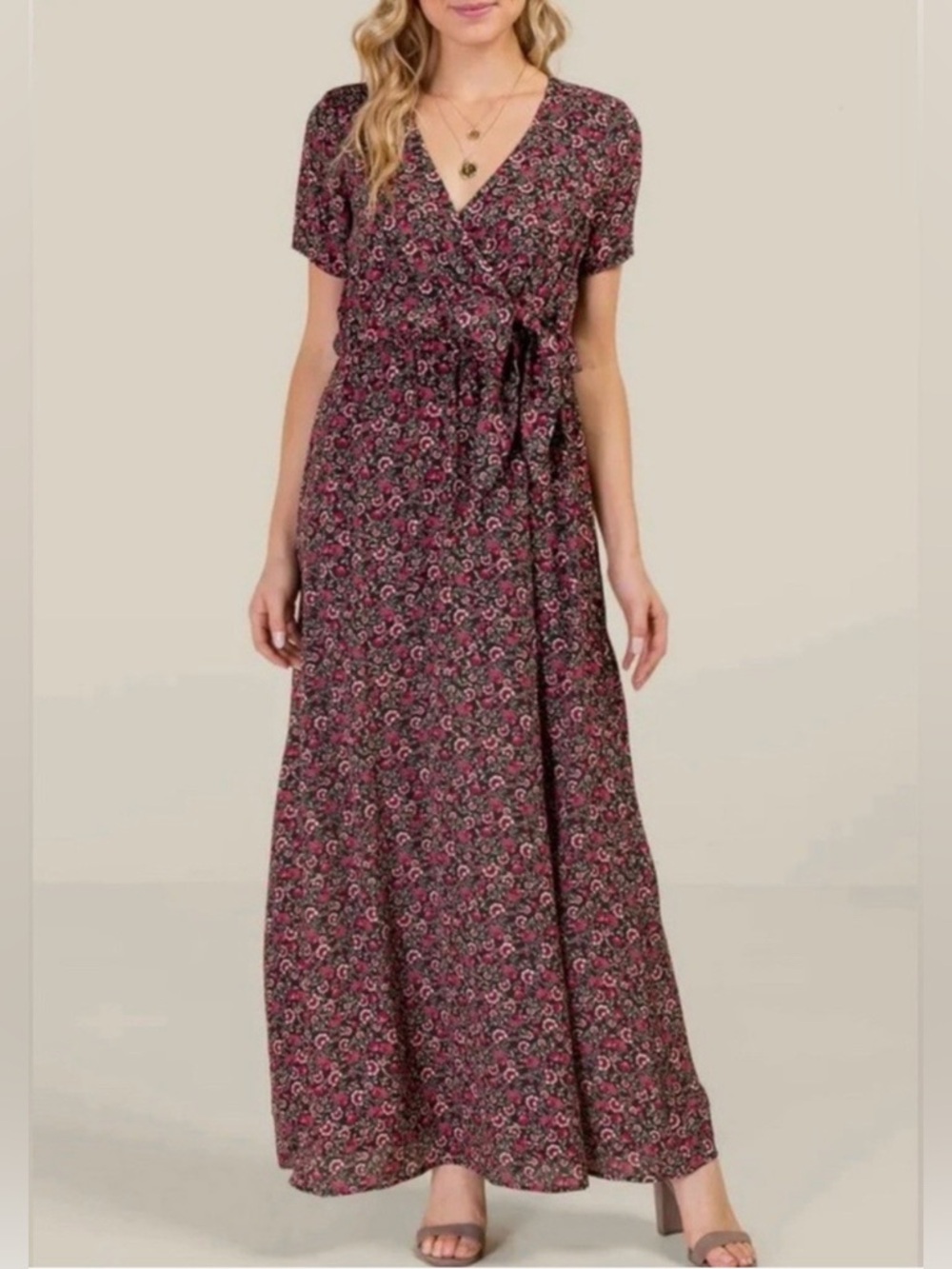 Burgundy Floral Wrap Maxi Dress with Side Slit